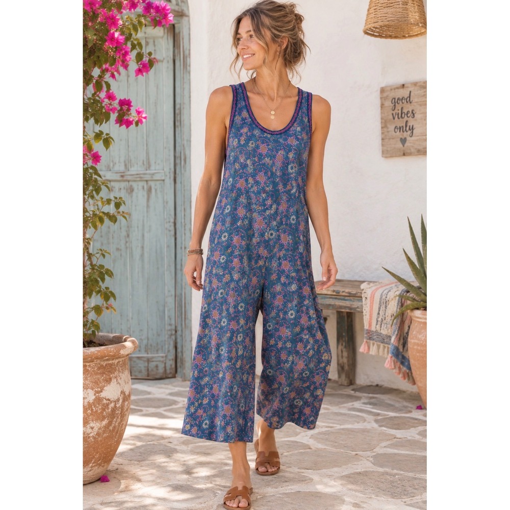Natural Life Blue Floral Crochet Trim Wide Leg Jumpsuit Medium Boho Lounge